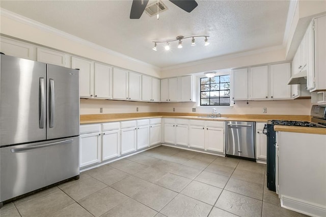 kitchen featuring sink, crown molding, appliances with stainless steel finishes, ceiling fan, and white cabinets