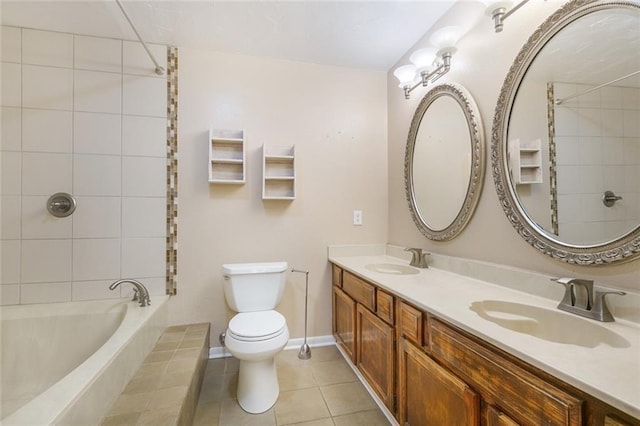 full bathroom featuring tiled shower / bath, vanity, toilet, and tile patterned flooring