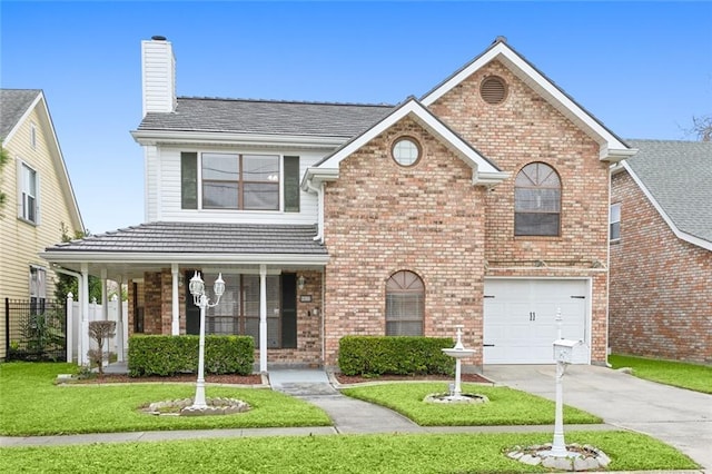 view of front of property featuring covered porch, a front yard, and a garage