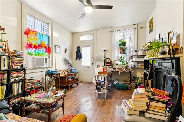 misc room with ceiling fan, plenty of natural light, and wood-type flooring