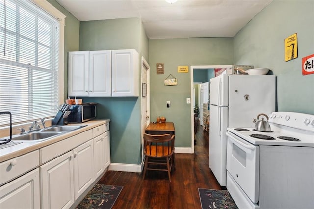 kitchen featuring white range with electric cooktop, white cabinetry, sink, and dark wood-type flooring