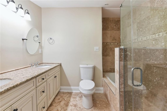 full bathroom with shower with separate bathtub, vanity, and toilet