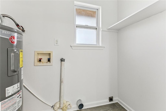 laundry area featuring electric dryer hookup, water heater, and washer hookup