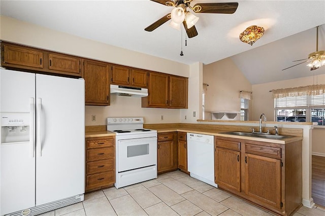 kitchen with white appliances, ceiling fan, sink, light tile patterned floors, and lofted ceiling