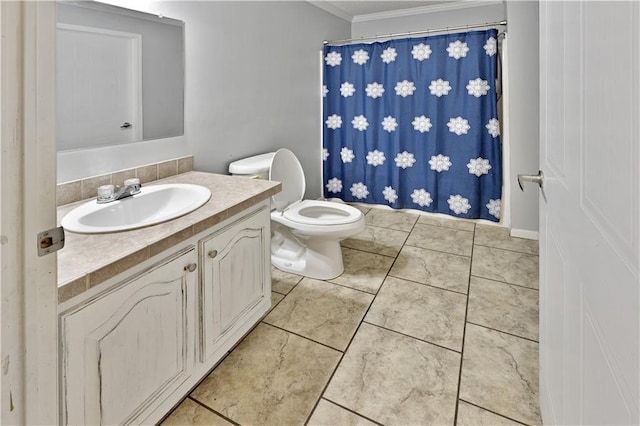 full bathroom featuring a shower with curtain, toilet, ornamental molding, tile patterned flooring, and vanity