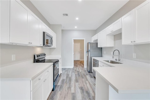 kitchen with white cabinets, appliances with stainless steel finishes, kitchen peninsula, and sink