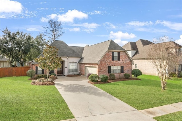 view of front of house with a garage and a front lawn