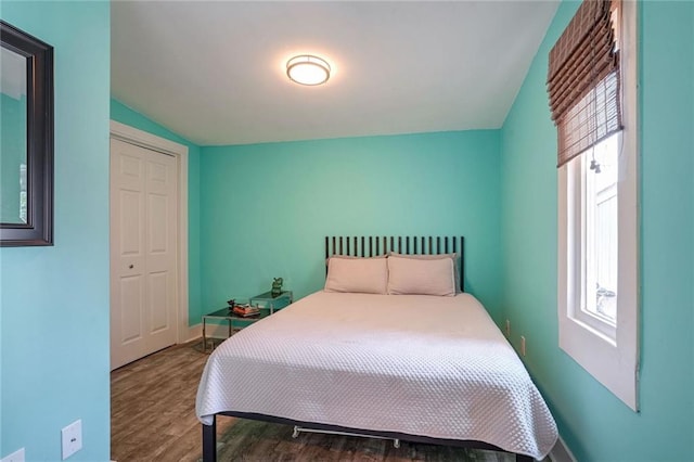 bedroom featuring multiple windows, dark hardwood / wood-style flooring, a closet, and lofted ceiling