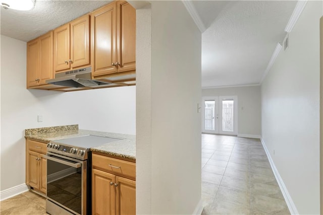 kitchen featuring ornamental molding, light brown cabinetry, french doors, and stainless steel range with electric cooktop