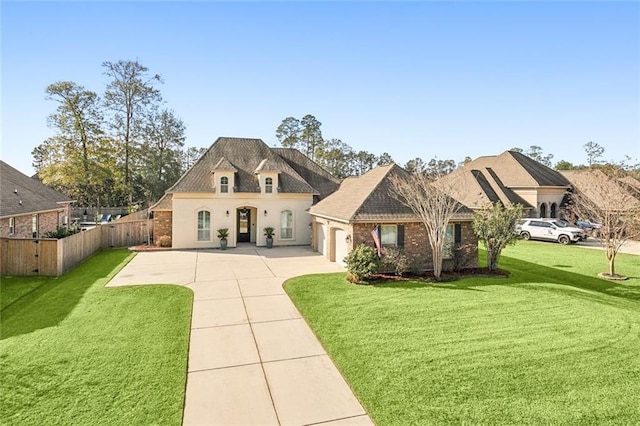 french country style house with a front yard and a garage