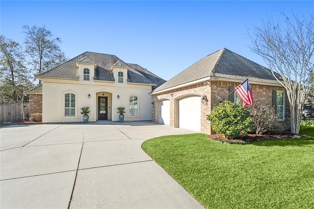 french country inspired facade featuring a garage and a front lawn