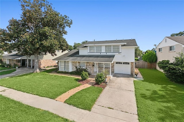 front facade with a garage and a front yard