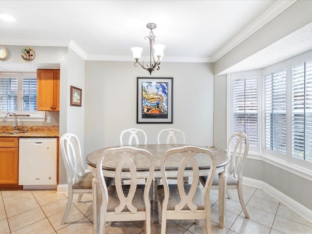 dining area featuring crown molding, sink, light tile patterned flooring, and a notable chandelier