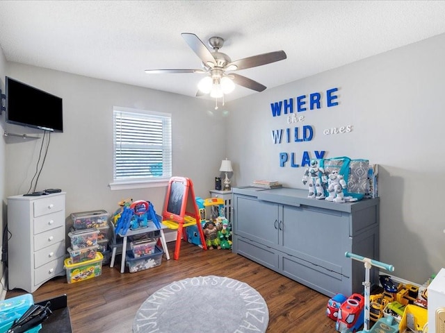 playroom featuring ceiling fan and dark hardwood / wood-style flooring