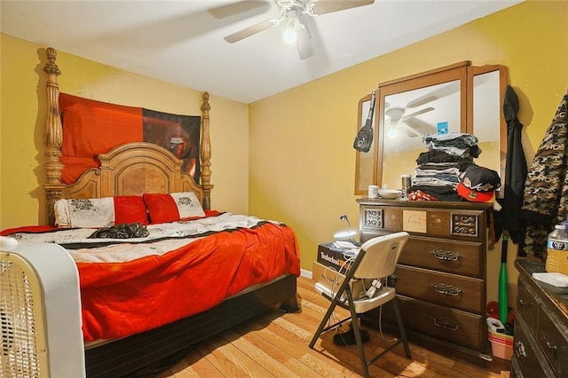 bedroom featuring light wood-type flooring and ceiling fan