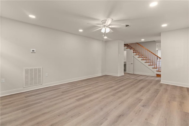 interior space featuring light hardwood / wood-style flooring and ceiling fan