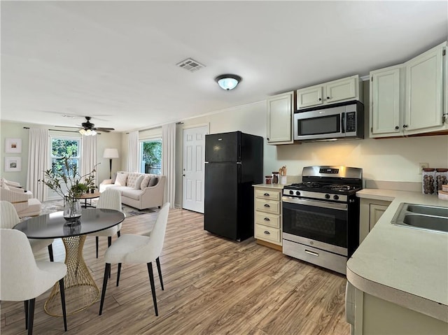 kitchen with ceiling fan, light hardwood / wood-style flooring, stainless steel appliances, and sink