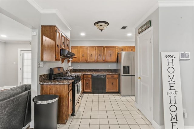 kitchen featuring sink, appliances with stainless steel finishes, extractor fan, light tile patterned floors, and ornamental molding