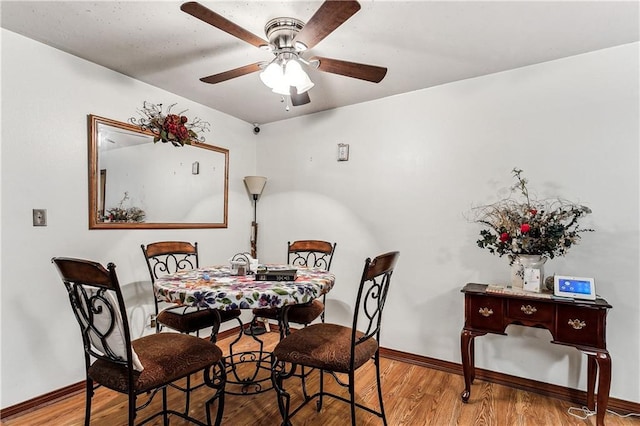 dining space with ceiling fan and wood-type flooring