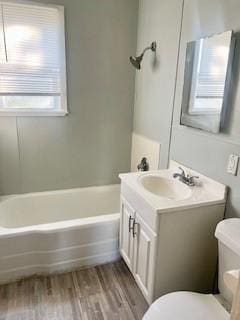 bathroom with vanity, wood-type flooring, and toilet