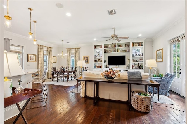 living room with crown molding, ceiling fan, and dark hardwood / wood-style flooring