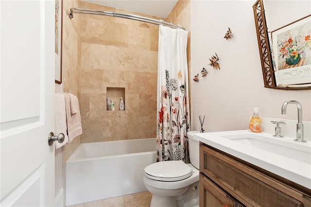 full bathroom featuring vanity, toilet, tile patterned flooring, and shower / bath combo with shower curtain