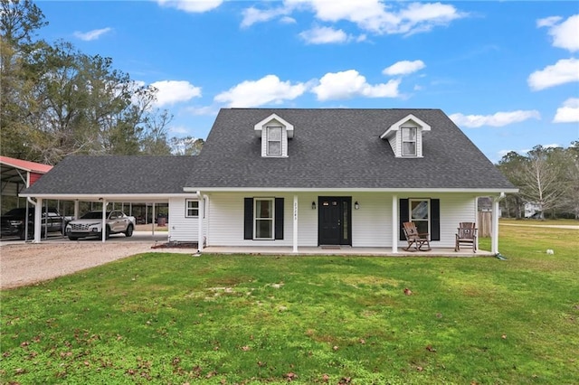 view of front of property with a porch, a carport, and a front lawn