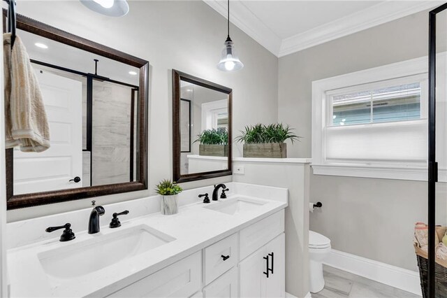 bathroom featuring crown molding, vanity, and toilet