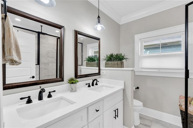 1508 N Roman St, New Orleans, LA 70116 - full bath with ornamental molding, recessed lighting, a shower stall, and wood finished floors