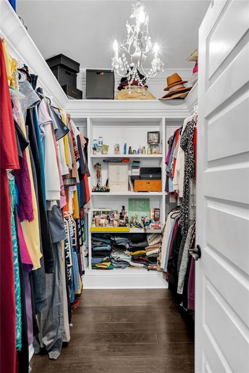 walk in closet featuring dark hardwood / wood-style floors and a notable chandelier