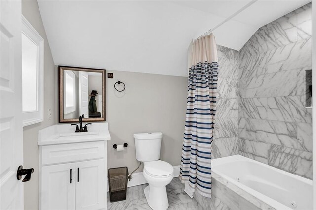 full bathroom featuring shower / tub combo with curtain, vanity, vaulted ceiling, and toilet