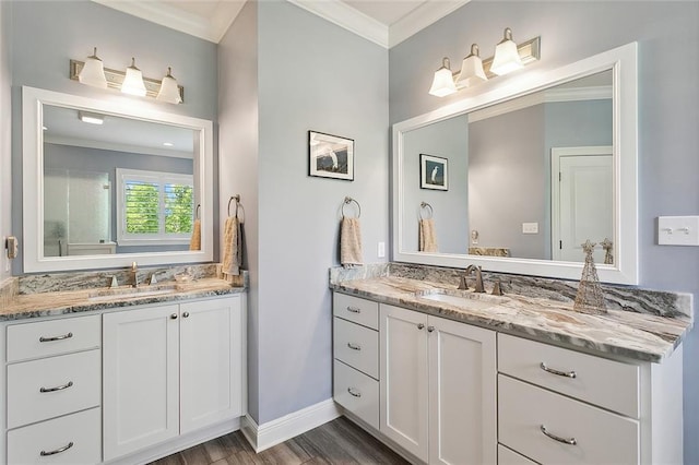 bathroom with vanity, hardwood / wood-style flooring, and crown molding