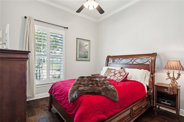 bedroom with ceiling fan, dark hardwood / wood-style flooring, and crown molding