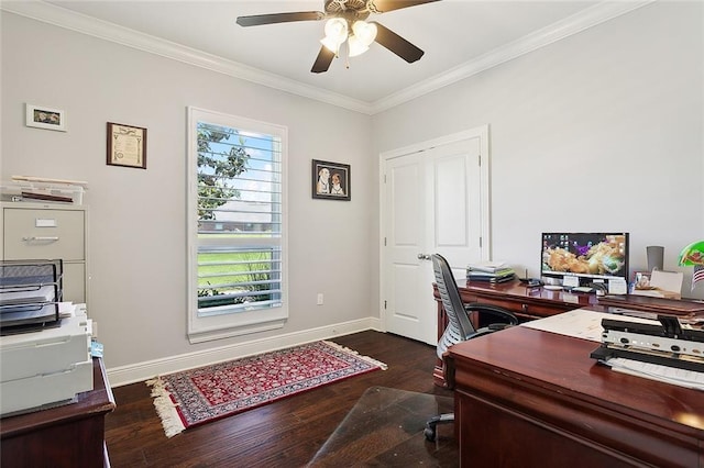 home office featuring ceiling fan, ornamental molding, and dark wood-type flooring