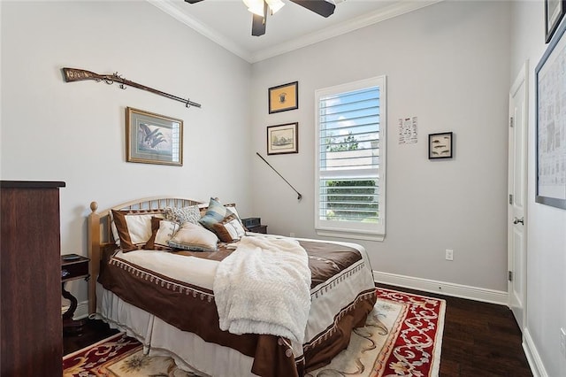 bedroom with ceiling fan, crown molding, and dark wood-type flooring