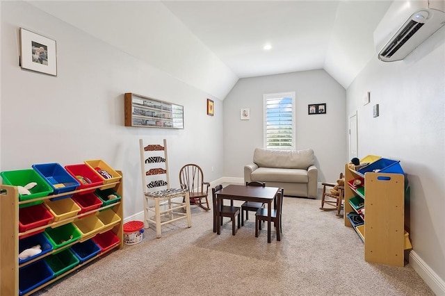 playroom with carpet, a wall unit AC, and lofted ceiling