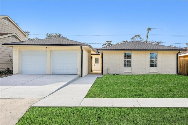 ranch-style home featuring a front lawn, roof with shingles, an outdoor structure, and brick siding