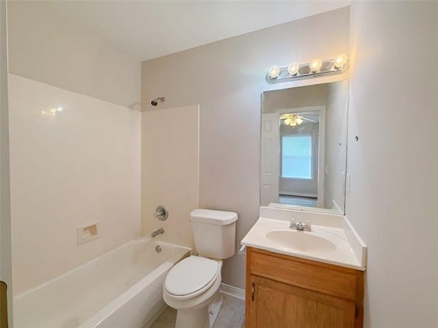 full bathroom with vanity, toilet, ceiling fan, and  shower combination