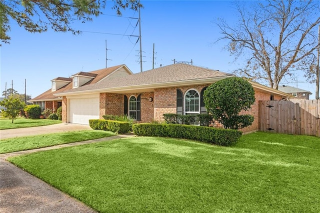 ranch-style house with a garage and a front lawn