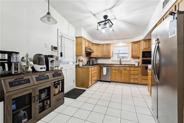 kitchen with pendant lighting, stainless steel appliances, light tile patterned floors, and sink