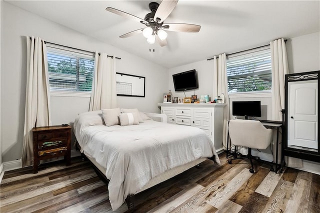 bedroom featuring multiple windows, dark hardwood / wood-style flooring, and ceiling fan