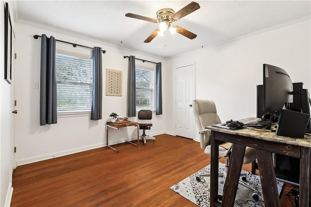 office area with hardwood / wood-style flooring, ceiling fan, and ornamental molding