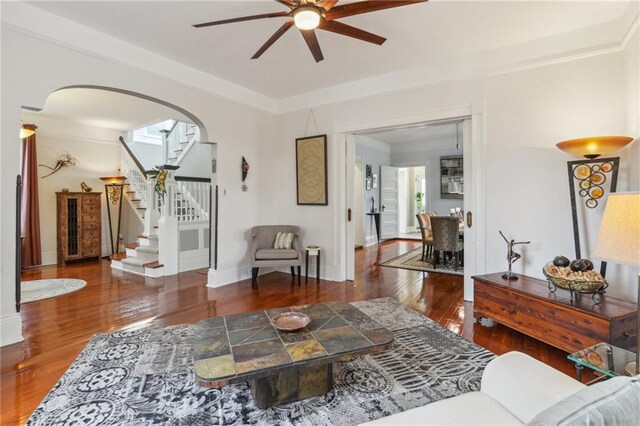 living room featuring ceiling fan and dark hardwood / wood-style floors