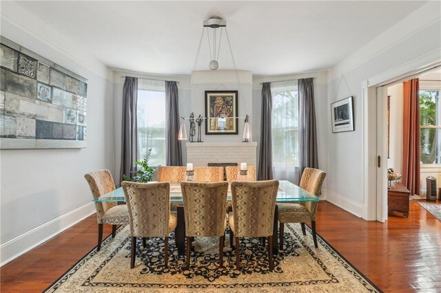 dining room with crown molding, wood-type flooring, and plenty of natural light