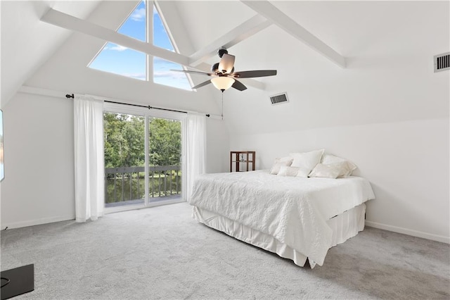 bedroom featuring ceiling fan, lofted ceiling with beams, access to exterior, and carpet floors