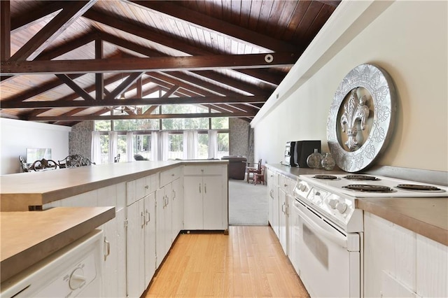 kitchen with vaulted ceiling with beams, white cabinets, electric range, and wooden ceiling