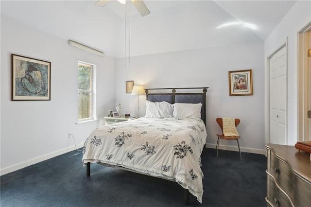 carpeted bedroom with a closet, ceiling fan, and lofted ceiling