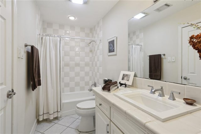 full bathroom featuring shower / bathtub combination with curtain, tile patterned flooring, vanity, and toilet