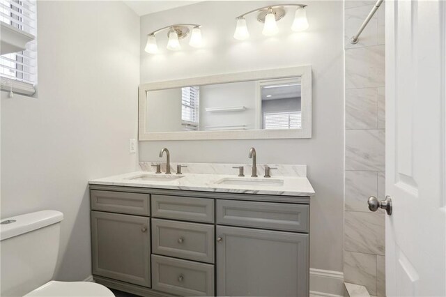 bathroom featuring toilet, a healthy amount of sunlight, and vanity