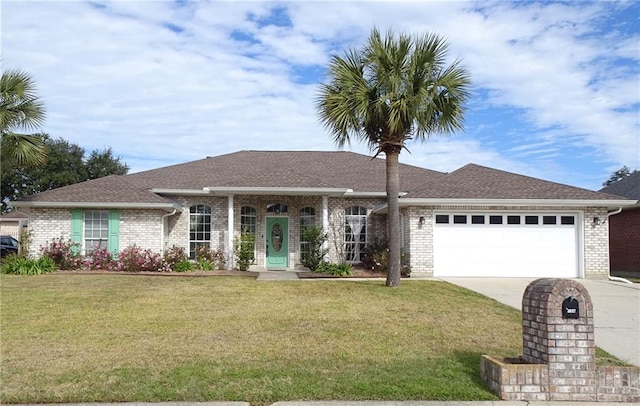 ranch-style home with a garage and a front yard